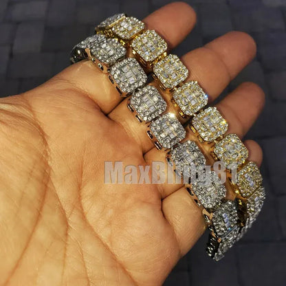 Hip Hop Gold Silver Iced Lab Diamond Baguette Stone Chain Fashion Bracelet