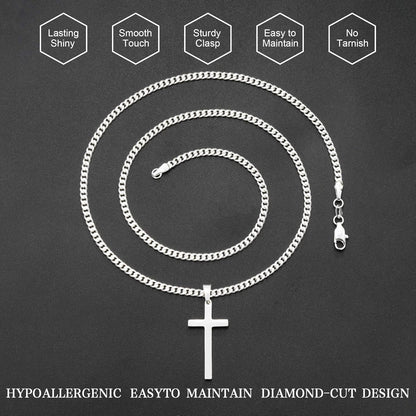 925 Sterling Silver Cross Necklace for Men, 3.5MM Diamond Cut Cuban Link Chain Silver Cross Necklace Christian Gifts for Boyfriend Father Husband