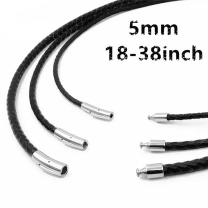 5mm Black Leather Necklaces for Men Women 100% Genuine Leather Necklace Silver Black Stainless Steel Buckle Jewelry 18-38 inch