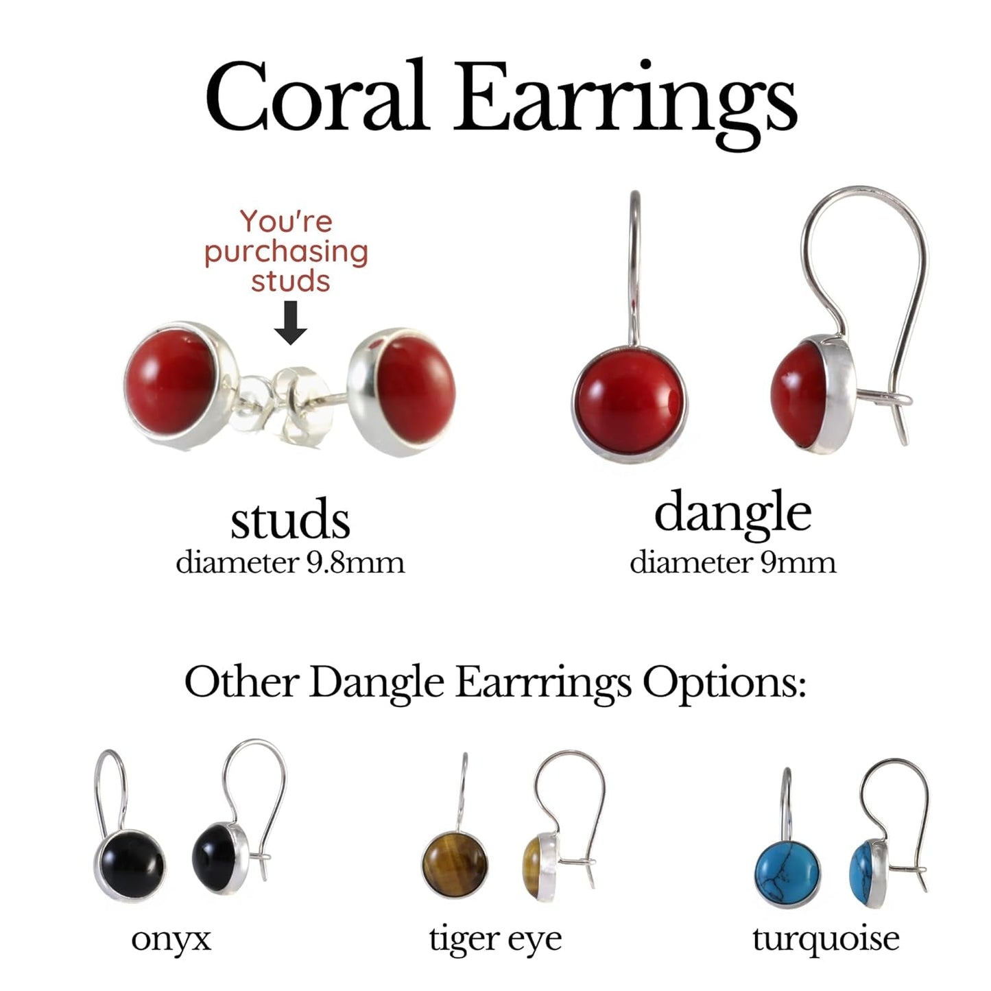 Sterling Silver 925 round 9.8Mm Natural Red Coral Tiny Handmade Stud Earrings for Women