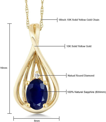 10K Yellow Gold Blue Sapphire and White Diamond Teardrop Pendant Necklace for Women (0.55 Cttw, Gemstone September Birthstone, Oval 6X4MM, with 18 Inch Chain)