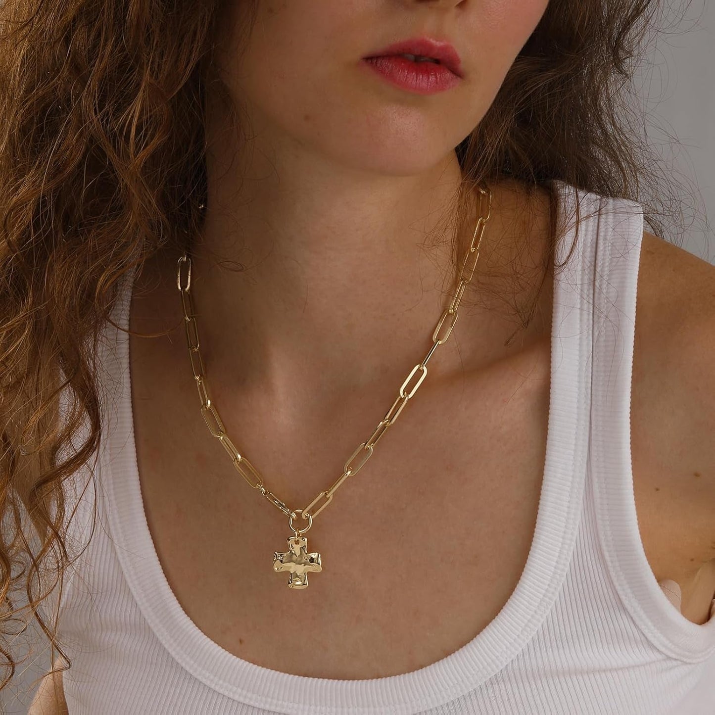 Chunky Cross Necklace for Women Trendy 14K Gold Silver Plated Statement Big Cross Pendant Paperclip Chain Charm Necklaces Religious Faith Easter Basket Stuffers Baptism Costume Jewelry Gift