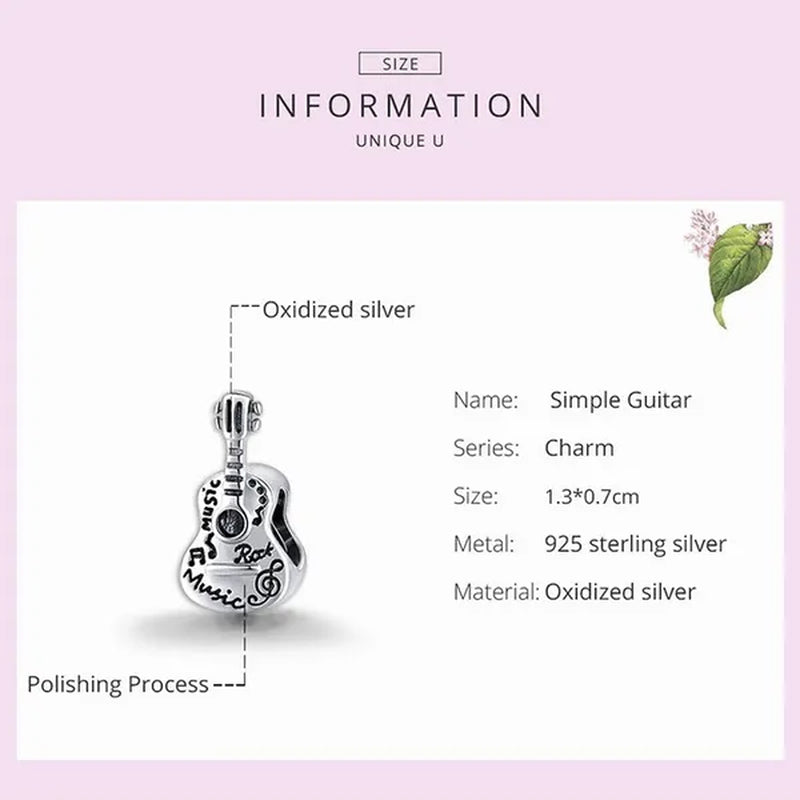 Fashion 925 Sterling Silver Simple Guitar Charm Fit Original Bracelet Diy