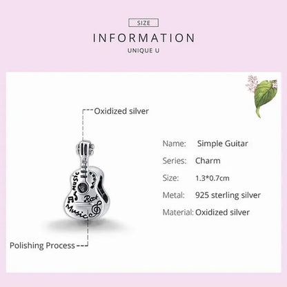 Fashion 925 Sterling Silver Simple Guitar Charm Fit Original Bracelet Diy