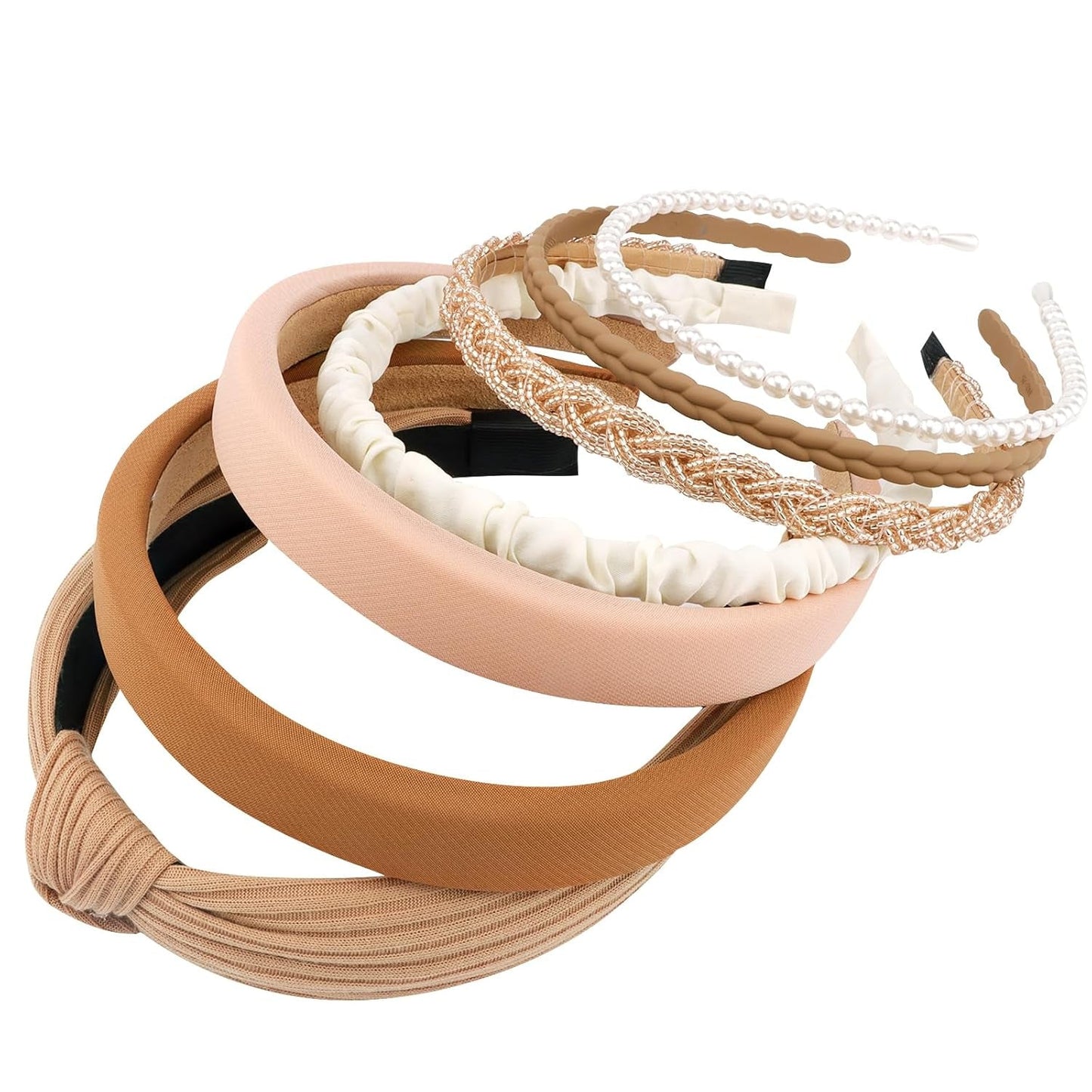 7 Pcs Different Headbands for Women Fashion Brown Knotted Solid Head Bands Pearl Headband Non Slip Hair Band for Womens Thin Thick Short Hair Face Wash Hair Accessories Gifts for Women Gilrs