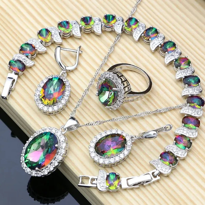 Mystic Rainbow Fire Topaz Jewelry Sets Women 925 Sterling Silver Jewelry Earrings/Pendant/Necklace/Rings/Bracelet - WORLD TIME VISITS