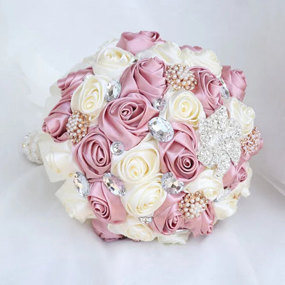 20CM Simulation Silk Rose Wedding Bouquet Diamond Pearl Brooch Bridal Bouquets Romantic Bridesmaid Holding Flowers - WORLD TIME VISITS
