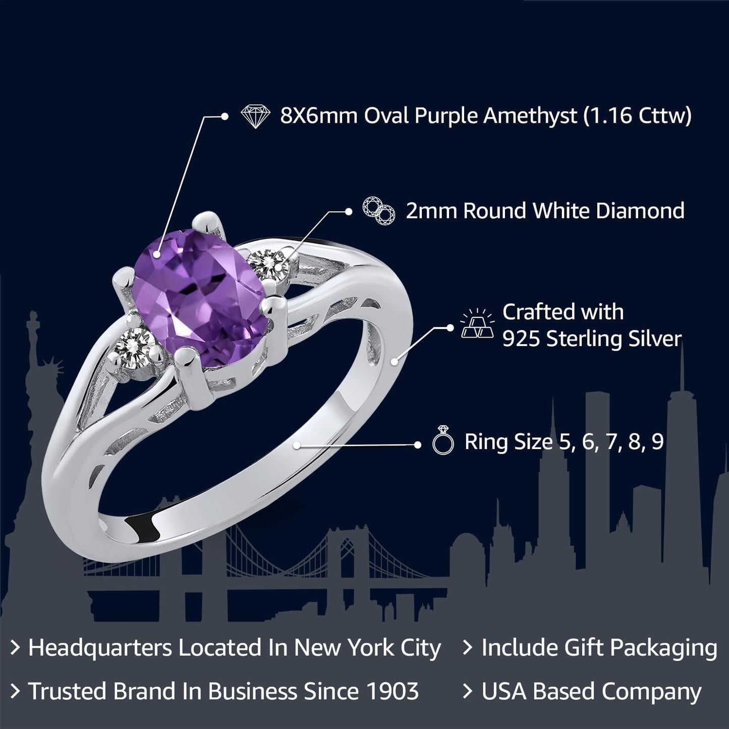 925 Sterling Silver Gemstone Birthstone and Diamond 3 Stone Engagement Ring for Women | Oval 8X6MM | round 2MM | Wedding Engagement Anniversary Promise Ring | Sizes 5-9 - WORLD TIME VISITS