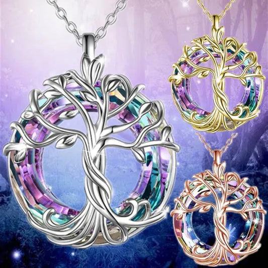 Exquisite Fashion Women'S Life Tree Necklace round Crystal Pendant Engagement Necklaces for Women Life Tree Jewelry Birthday Anniversary Gift