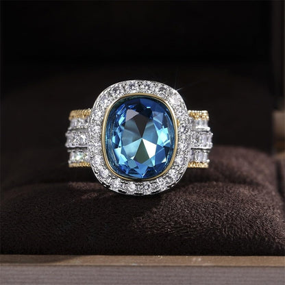 925 Sterling Silver Shiny Full Diamond Ring 18K Gold Sapphire Cocktail Ring Blue Cubic Zirconia Promise Ring CZ Diamond Multi Row Ring Eternity Engagement Wedding Band Ring for Women Z.58 (US Code 7)