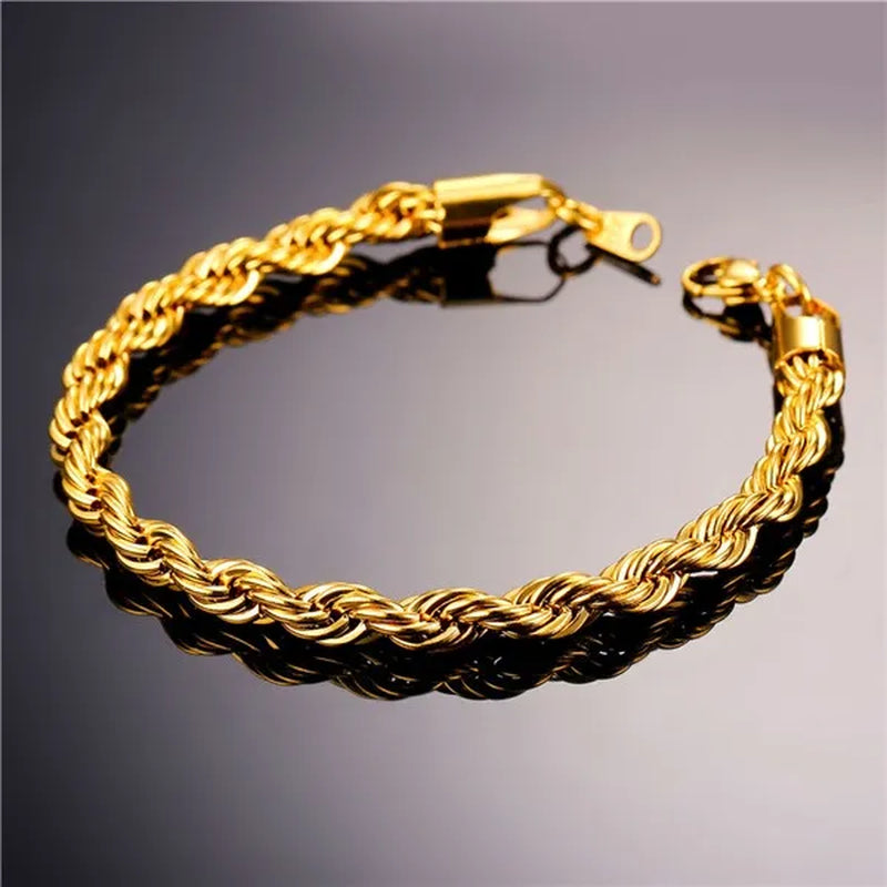 Cool Men Rope Chain Bracelet 6MM 8.3 Inches - 3 Colors Black, Silver, Gold