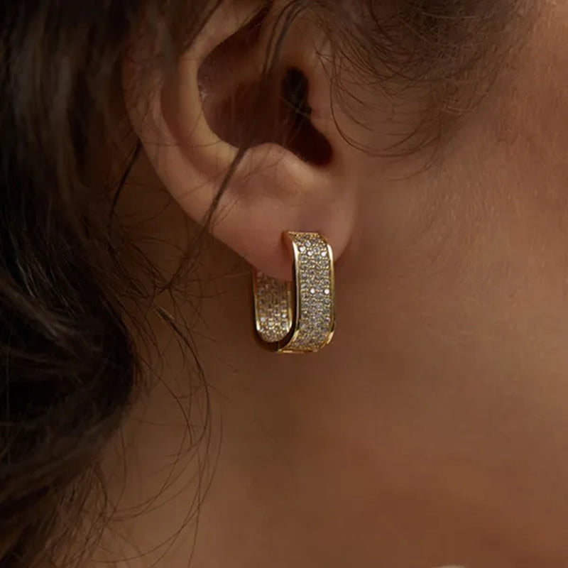 Fashion Earrings for Women 18K Yellow Gold Micro Pave Full Diamond U Hoop Earrings Girl Daily Casual Party Jewelry Gift