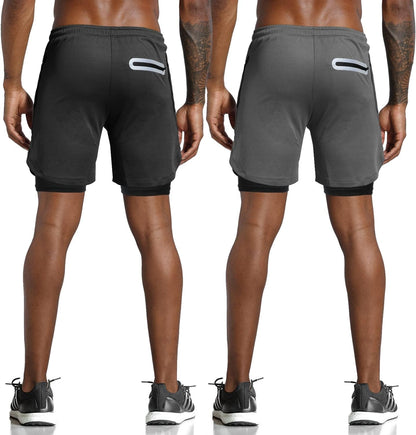 Men'S 2 in 1 Workout Running Shorts Lightweight Training Yoga Gym 7" Short with Zipper Pockets