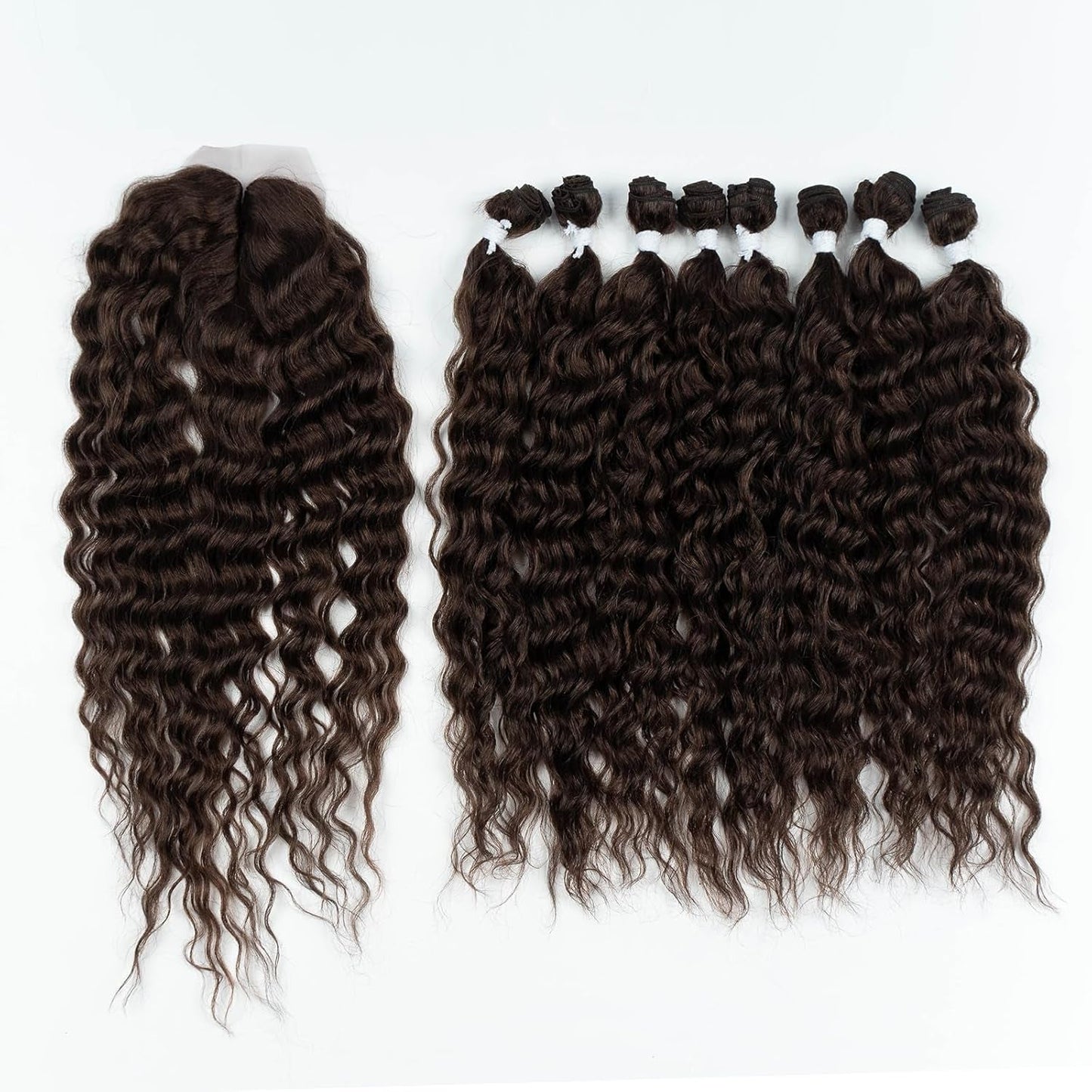 Synthetic Hair 8 Bundles with Simple Closure Water Wave High Temperature Fiber Wavy Hair Weave 9PCS 20 Inches 240G Brown