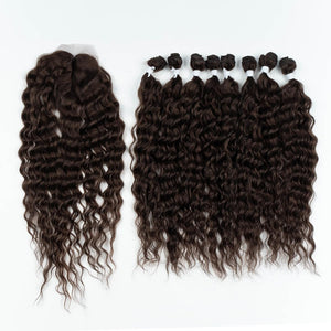 Synthetic Hair 8 Bundles with Simple Closure Water Wave High Temperature Fiber Wavy Hair Weave 9PCS 20 Inches 240G Brown