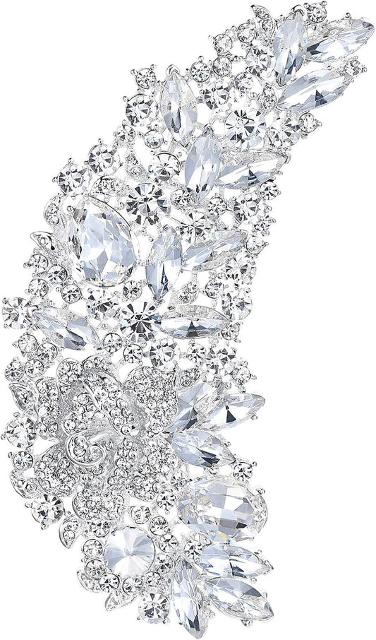 5 Inch Bridal Silver-Tone Flower Bouquet Brooch Austrian Crystal - WORLD TIME VISITS