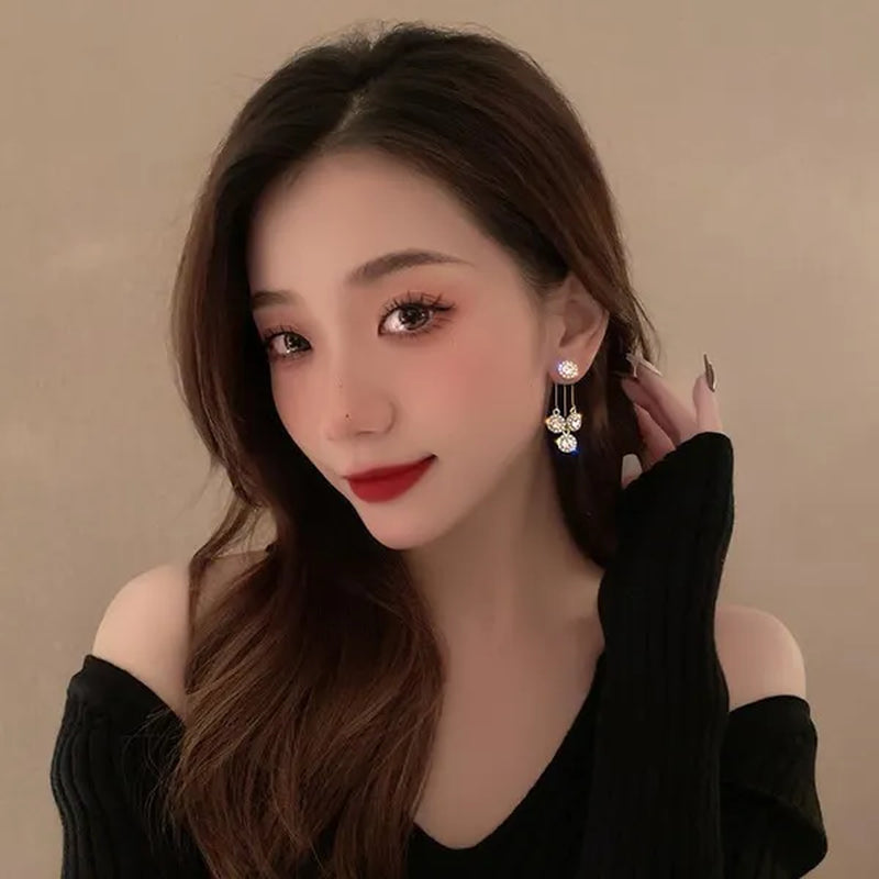 New Luxurious Round Rhinestone Tassel Dangle Stud Earrings For Women Shiny Temperament Gold Silver Color Earrings