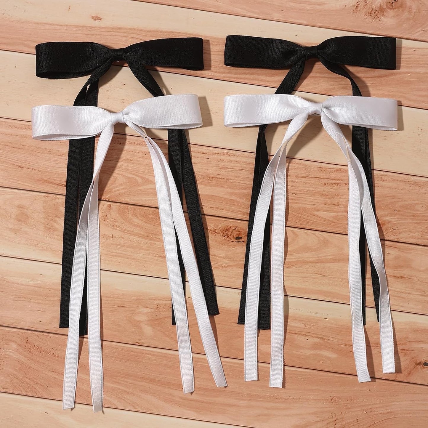 Tassel Ribbon Bowknot Hair Clips for Women - 4Pcs Barrettes with Long Tail, Solid Accessories for Girls, Claw Clips with Bow in Black and White
