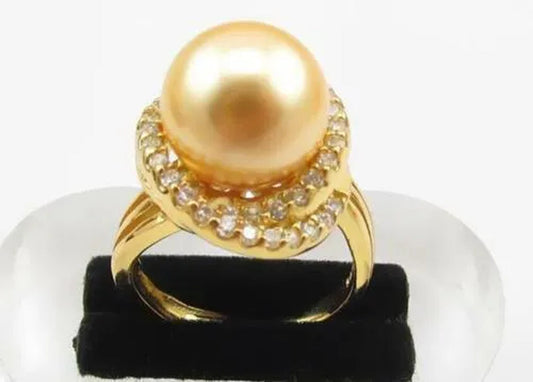 PERFECT AAA++ 11-12MM SOUTH SEA AKOYA GENUINE GOLD PEARL RING SIZE 8 - WORLD TIME VISITS