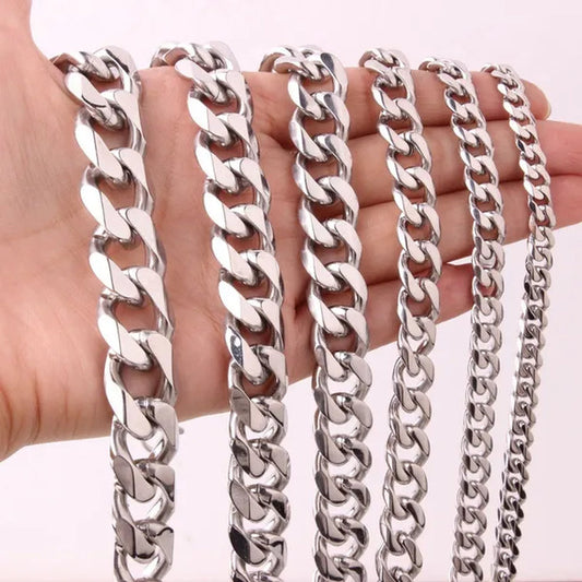 5/7/10/12/15mm Men's and Women's Chain Stainless Steel Silver Cuban Link Curb Chain Necklace or Bracelet