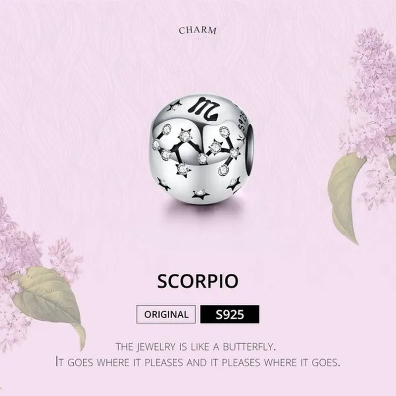 European Hot 12 Constellation Zodiac round 925 Sterling Silver Beads Charm for Women Bracelet Shining CZ Charm Fit Original Bangle Necklace DIY Jewelry Making