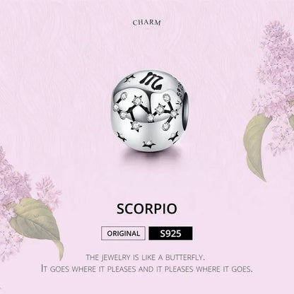 European Hot 12 Constellation Zodiac round 925 Sterling Silver Beads Charm for Women Bracelet Shining CZ Charm Fit Original Bangle Necklace DIY Jewelry Making