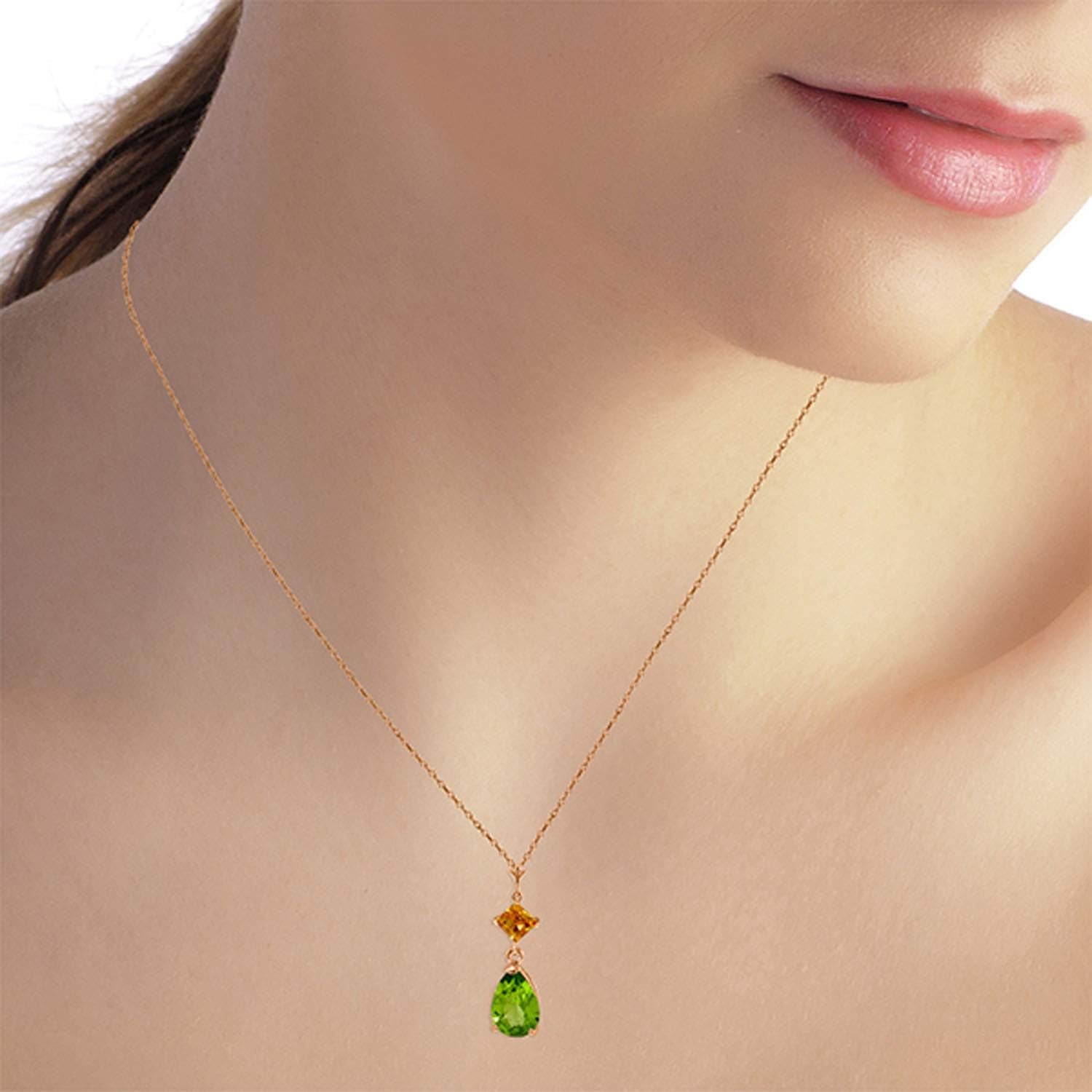 14K Yellow, White, Rose Gold Natural Citrine and Peridot Drop Pendant Necklace - WORLD TIME VISITS