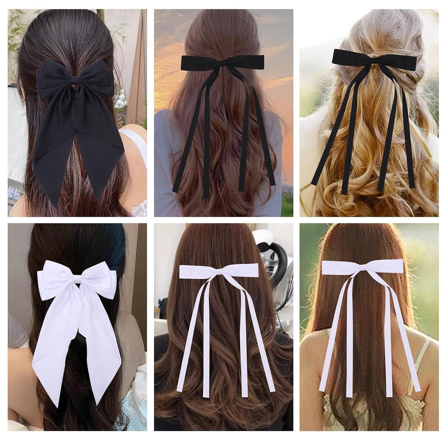 6 PCS Satin Big Hair Bows for Women Hair Ribbons Oversized Long Tail White Black Bow for Hair Bow Large Hair Ribbon Barrettes Metal Clips Bowknot Hair Accessories