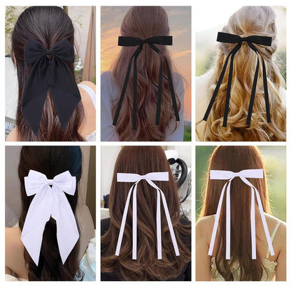 6 PCS Satin Big Hair Bows for Women Hair Ribbons Oversized Long Tail White Black Bow for Hair Bow Large Hair Ribbon Barrettes Metal Clips Bowknot Hair Accessories