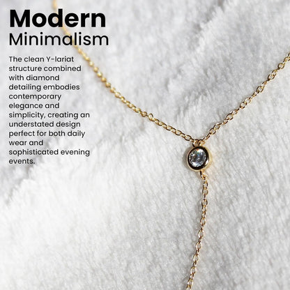 14K Gold Vermeil Lariat Necklace with 2 CZ Diamond in a 3.25" Dainty Drop Pendant, 16" - 19" Gold Dipped Sterling Silver Long Necklace for Women