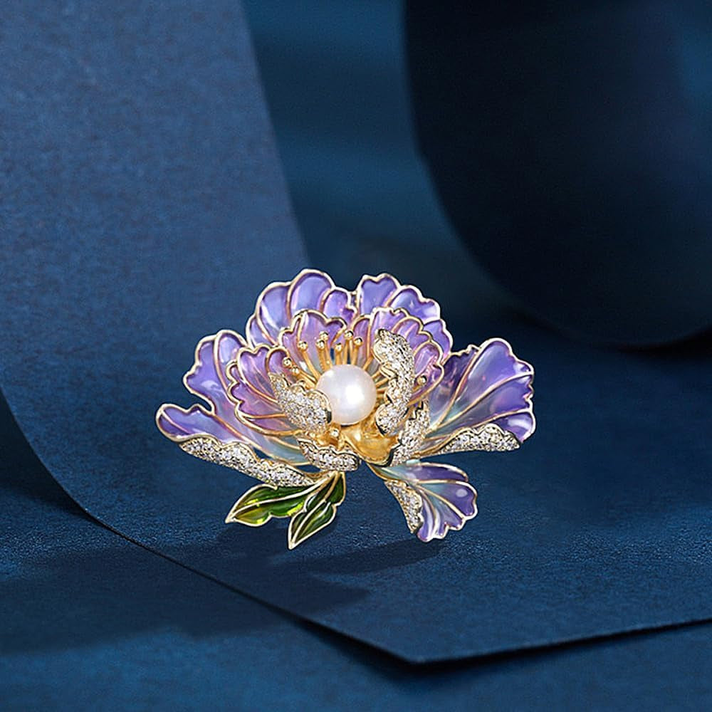 Dainty Flower Brooch Pins for Women Graceful Cubic Zircon Peony Pearl Enamel Badges Lapel Pins Trendy Banquet Prom Dress Jewelry Accessories Gift