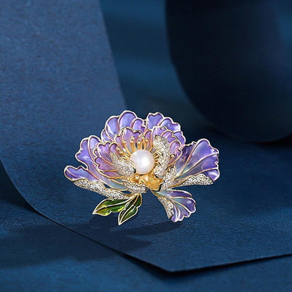 Dainty Flower Brooch Pins for Women Graceful Cubic Zircon Peony Pearl Enamel Badges Lapel Pins Trendy Banquet Prom Dress Jewelry Accessories Gift