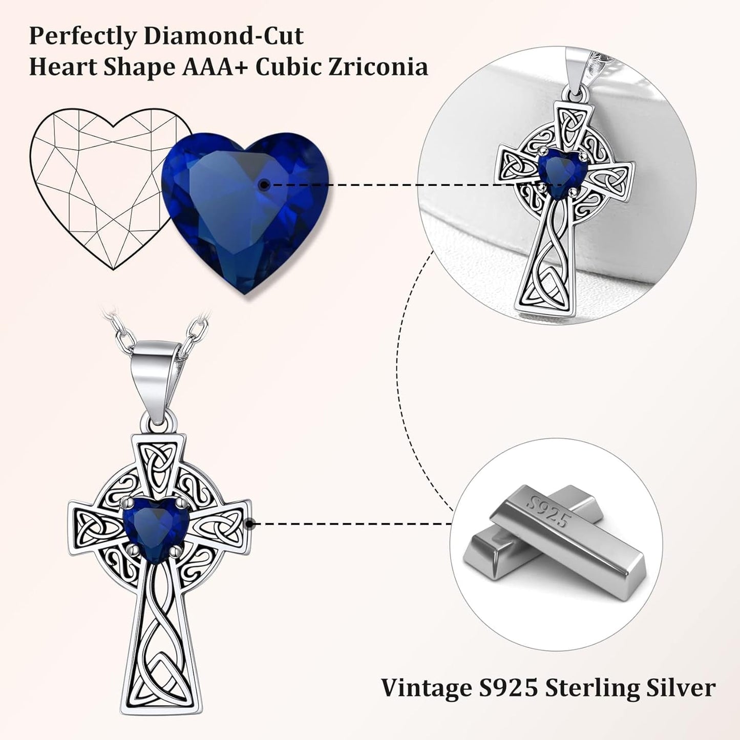 Silver Celtic Cross Necklace with 12 Month Heart Birthstone, Dainty Celtic Birthstone Necklace Silver Chain for Women Faith Irish Amulet Lucky Birthstone Jewelry