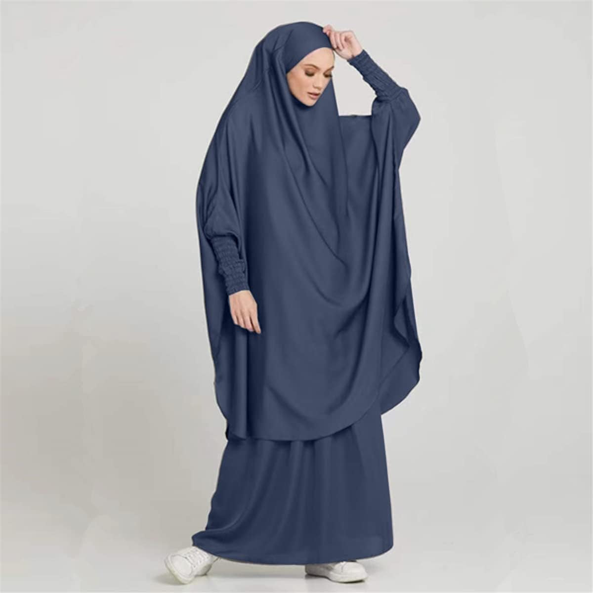 Women Muslim 2 Set Solid Color plus Long Sleeve Thobe One-Size Longuette Overall Abaya Thobe with Hoodied Hijab
