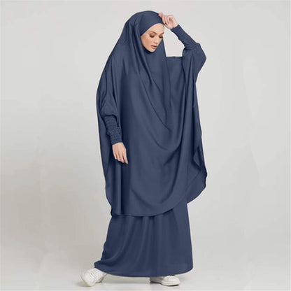 Women Muslim 2 Set Solid Color plus Long Sleeve Thobe One-Size Longuette Overall Abaya Thobe with Hoodied Hijab