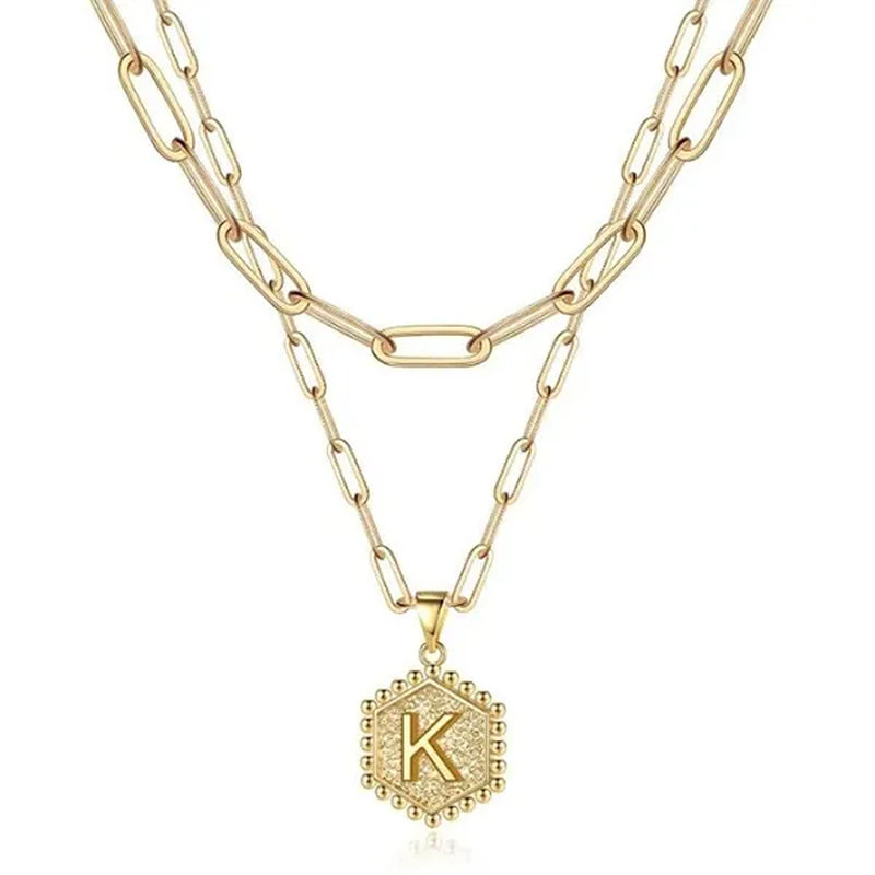 Dainty Layered Initial Necklaces for Women, 14K Gold Plated Paperclip Chain Necklace Simple Cute Hexagon Letter Pendant Initial Choker Necklace Gold Layered Necklaces for Women