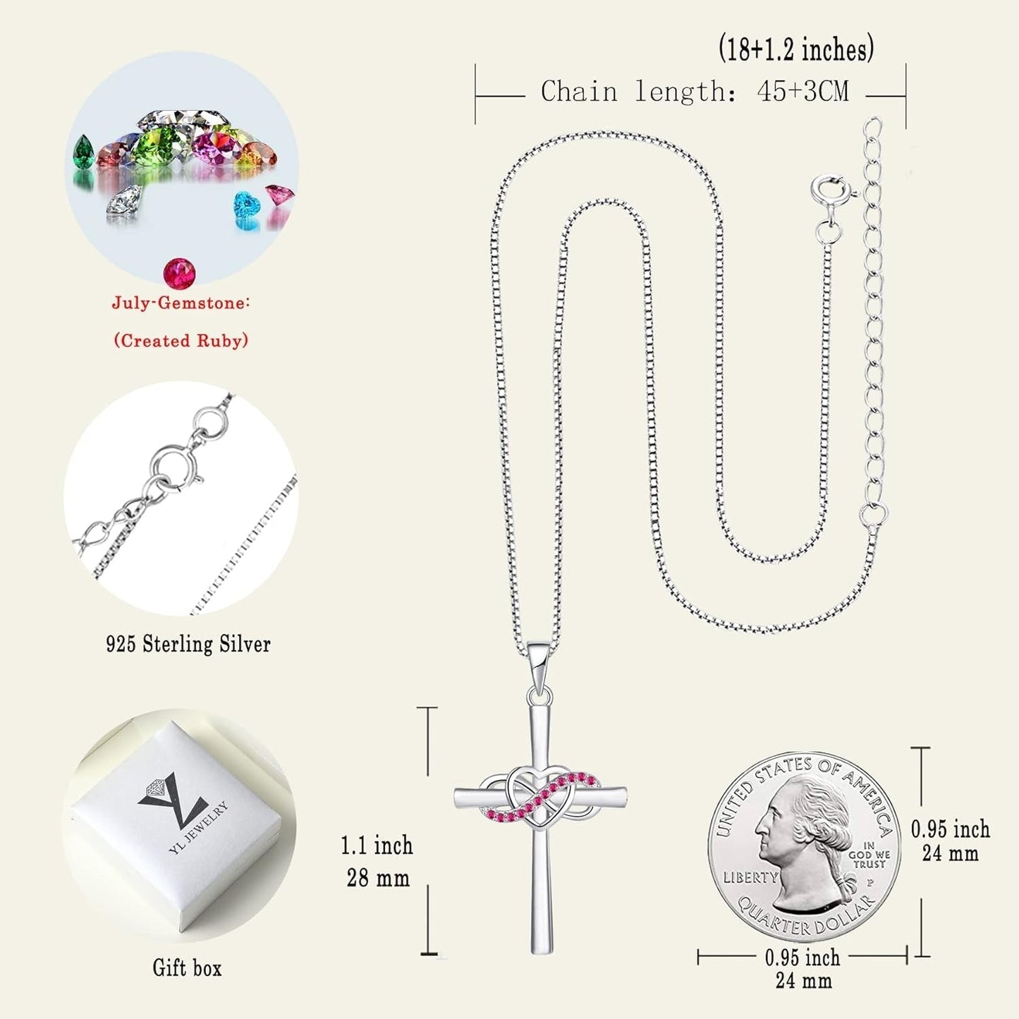 Cross Necklace Sterling Silver Infinity Heart Crucifix Pendant Birthstone Criss Jewelry for Women