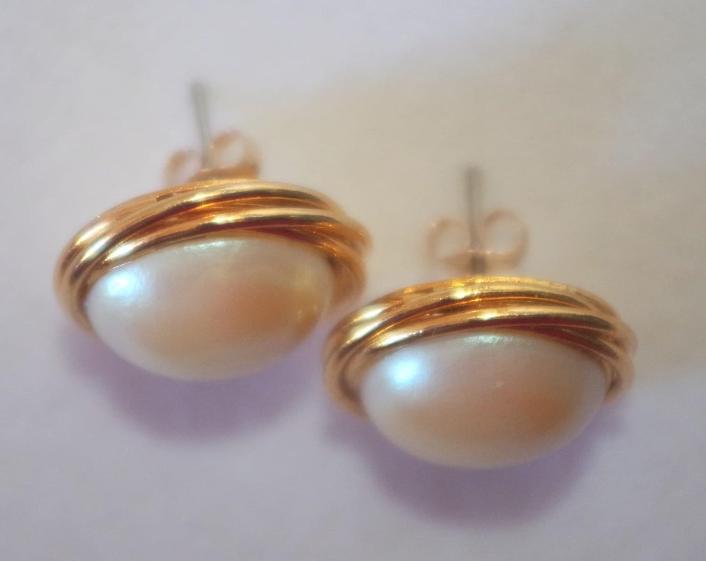 In Memory of Ruth Bader RBG Majorca Golden Pearl round Dome 19 MM Stud Earrings 14K Gold Filled Made by Hobe Company
