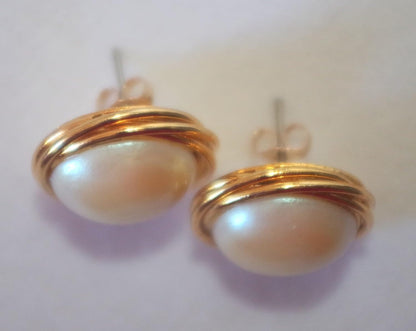 In Memory of Ruth Bader RBG Majorca Golden Pearl round Dome 19 MM Stud Earrings 14K Gold Filled Made by Hobe Company