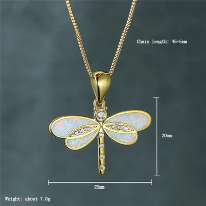 New Fashion White Imitation Opal Dragonfly Pendant Necklace Crystal Inlaid Gold Clavicle Chain Necklaces Jewelry