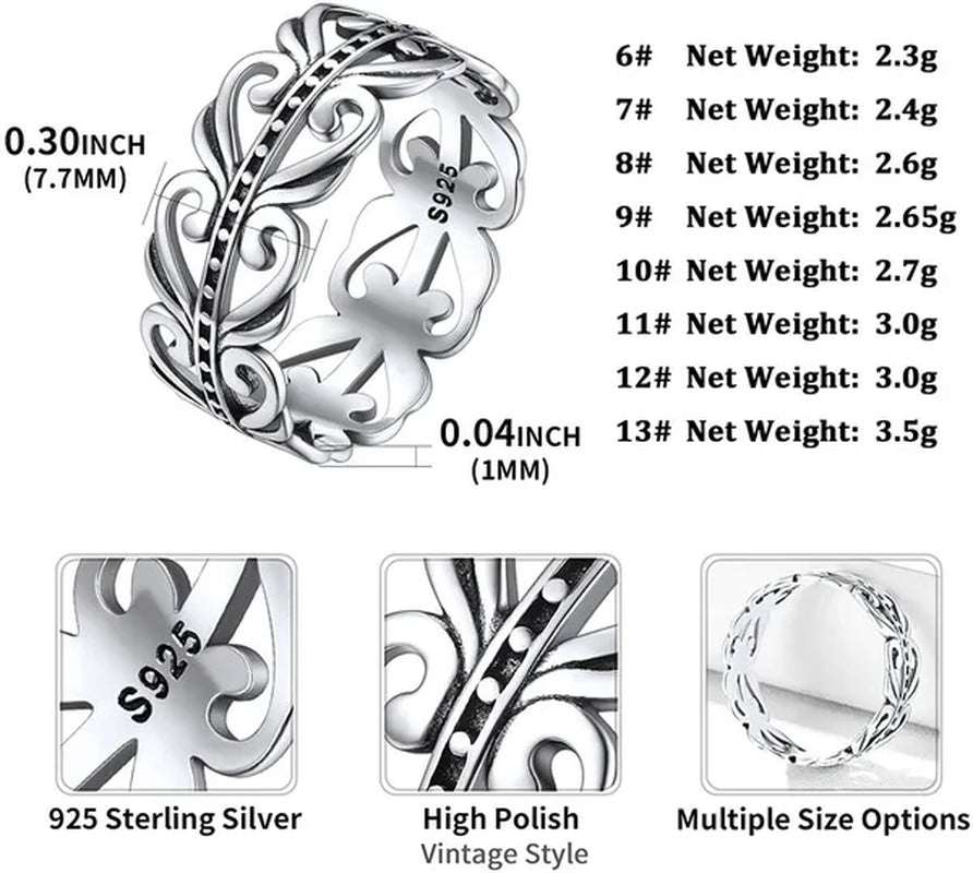 ChicSilver 925 Sterling Silver Filigree Vine Leaf Ring 8mm Retro Celtic Knot Eternity Ring Wedding Band for Women