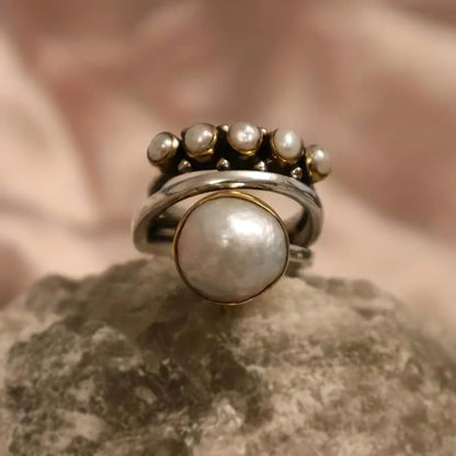 Unique Vintage 10 Mm Simulated Pearl Ring for Women Fake 3-Piece Ring Set 3 Layer Interlocked Ring Entwined Line with Stacking Rings Wedding Band Statement Cocktail Index Finger Rings 10#