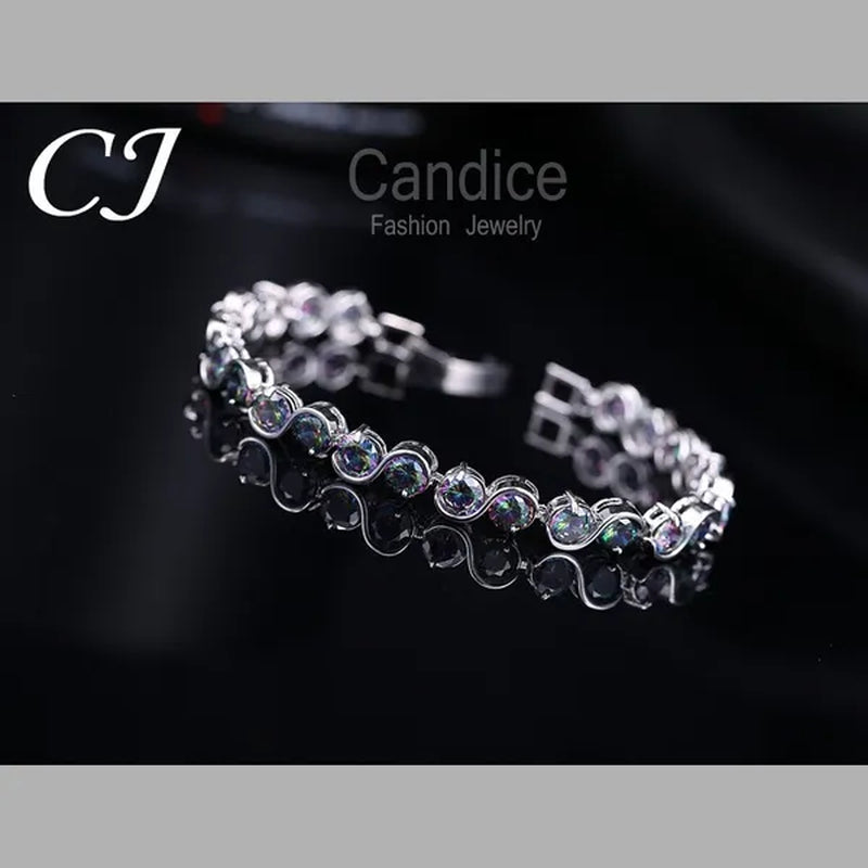 CANDICE Amazing S Shaped with Round Genuine Mystic Rainbow Crystal Stone Women Bracelet Solid Sterling Silver Plated