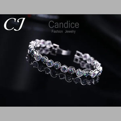 CANDICE Amazing S Shaped with Round Genuine Mystic Rainbow Crystal Stone Women Bracelet Solid Sterling Silver Plated