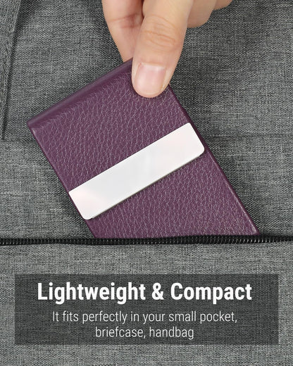 Business Card Holder, PU Leather & Stainless Steel Business Card Case for Men or Women, Slim Name Cards Holder RFID Blocking Credit Cards Carrier with Magnetic Closure, Purple