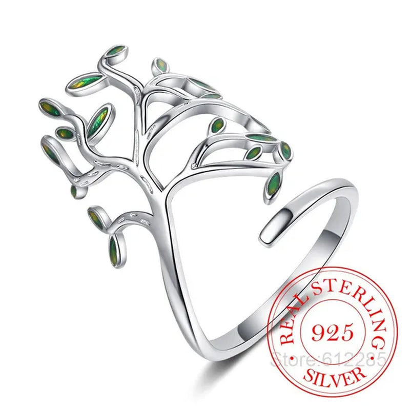 925 Sterling Silver Tree of Life Green Tree Leaves Adjustable Finger Rings for Women Sterling Silver Jewelry Wedding Party Gift - WORLD TIME VISITS