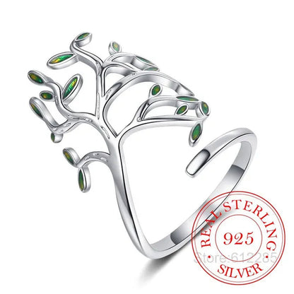 925 Sterling Silver Tree of Life Green Tree Leaves Adjustable Finger Rings for Women Sterling Silver Jewelry Wedding Party Gift - WORLD TIME VISITS