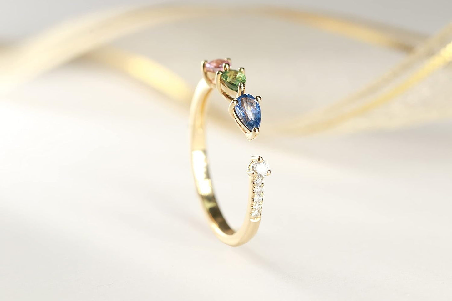 Gin and Grace 14K Yellow Gold Genuine Multi Sapphire Ring with Diamonds for Women | Ethically, Authentically & Organically Sourced (Pear-Cut) Shaped Sapphire Hand-Crafted Jewelry for Her | Sapphire Ring for Women