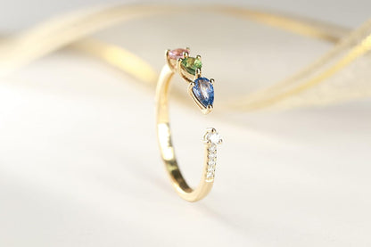 Gin and Grace 14K Yellow Gold Genuine Multi Sapphire Ring with Diamonds for Women | Ethically, Authentically & Organically Sourced (Pear-Cut) Shaped Sapphire Hand-Crafted Jewelry for Her | Sapphire Ring for Women