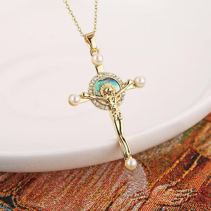 Crucifix Cross Necklace for Women Dainty 14K Gold Plated Cross Pendant Necklace Christian Faith Jewelry Gift